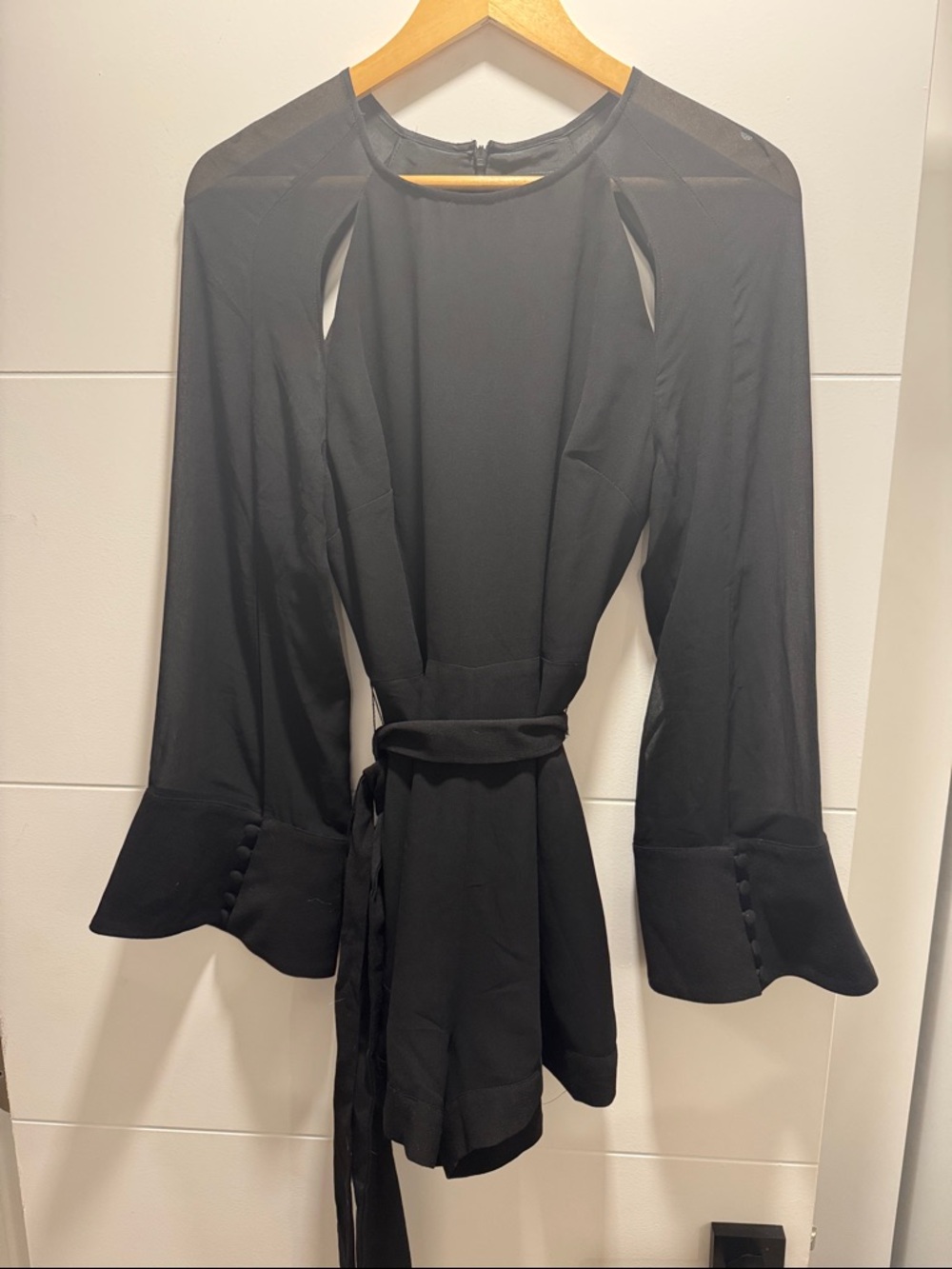 C/MEO Collective Black Long-Sleeve Waist-Tie Romper with Cutouts